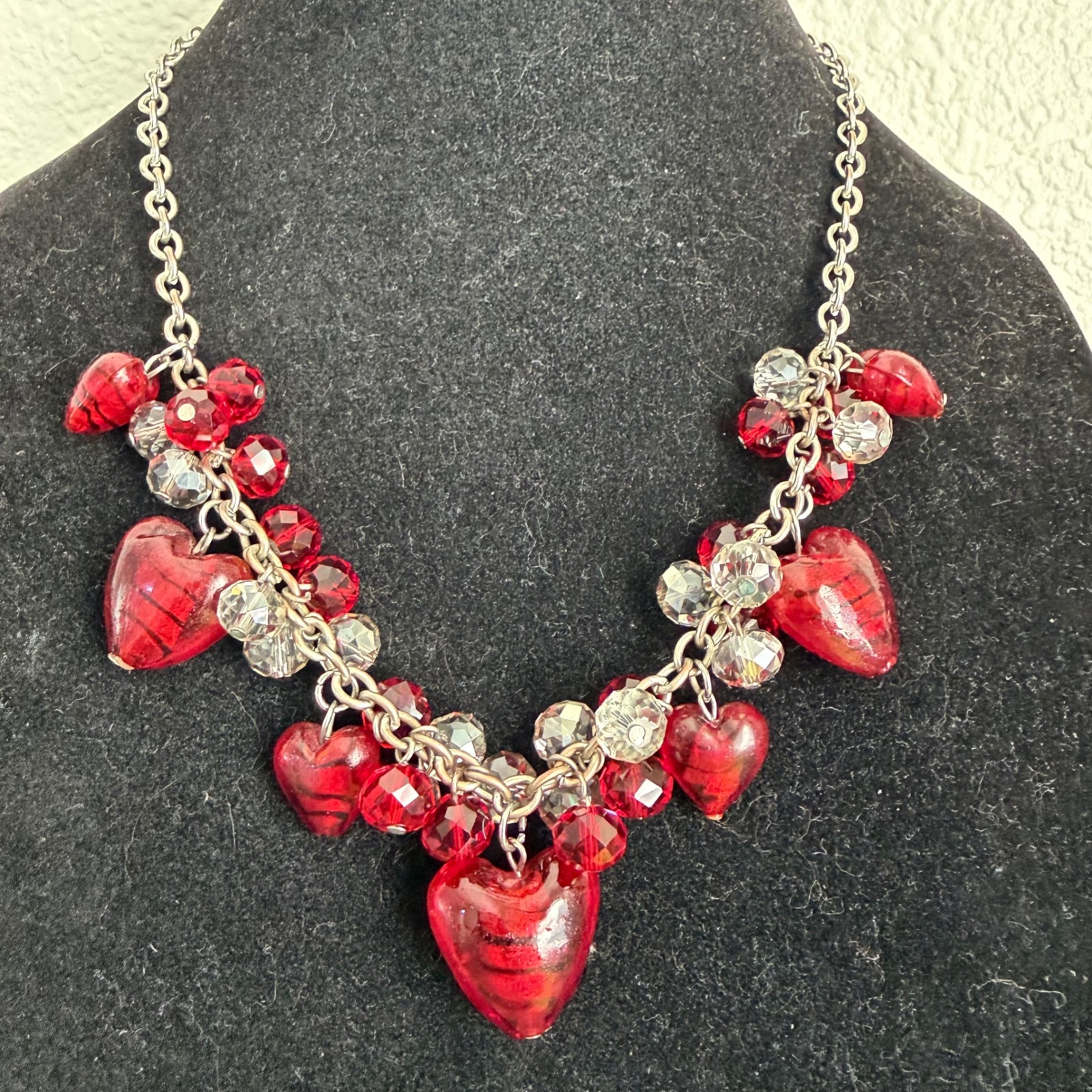 Vintage Silver Tone Charm Necklace Puffy Red Glass Dangle Hearts Silver Bead 22"